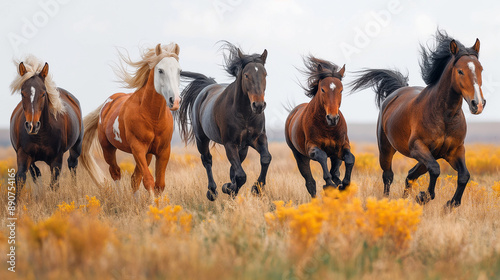 A telephoto angle photo of wild horses galloping through a grassy field, their manes and tails flowing, with copy space