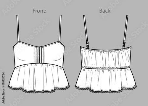 Vector strapless top technical drawing, women crop blouse with straps fashion CAD, halter neck tank top with lace trim template, sketch, flat. Jersey fabric camisol with front, back view, white color