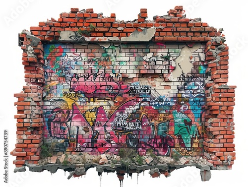 A highly detailed image of a broken brick wall adorned with vibrant street art