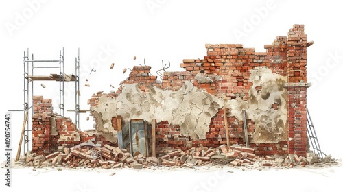 A partially collapsed brick building with scaffolding, showcasing decay and structural damage, suitable for themes of construction or demolition.