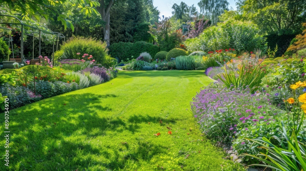 A lush green lawn with a variety of colorful flowers and plants A lush green lawn with a variety of colorful flowers and plants