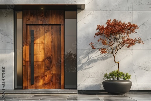 Contemporary minimalistic house entrance with sleek wooden door, modern concrete walls, and potted Japanese maple tree under natural sunlightModern