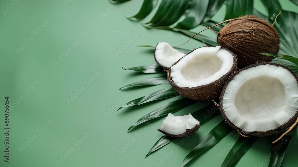 Broken coconut shown in halves on a green leaf against a green background Broken coconut shown in halves on a green leaf against a green background