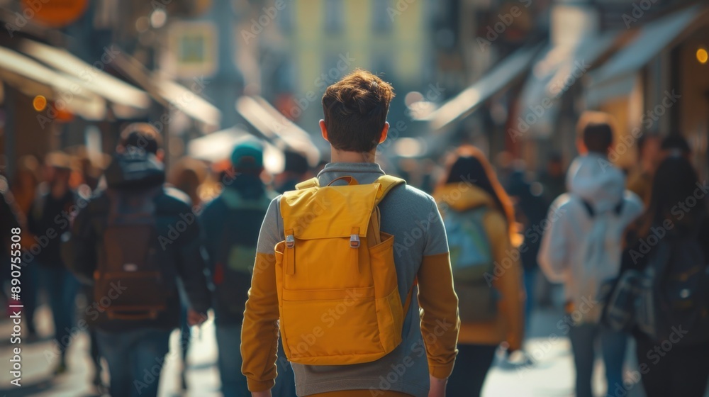 A man is walking down a crowded street carrying a backpack, possibly returning from travel or heading out for the day A man is walking down a crowded street carrying a backpack, possibly returning from travel or heading out for the day