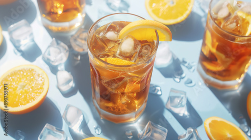 Refreshing summer drinks with orange slices and ice cubes on a blue surface.