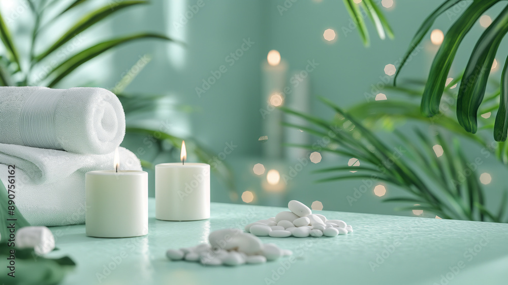 Spa setting with candles, towels, stones, and green leaves in a serene environment.
Spa setting with candles, towels, stones, and green leaves in a serene environment.