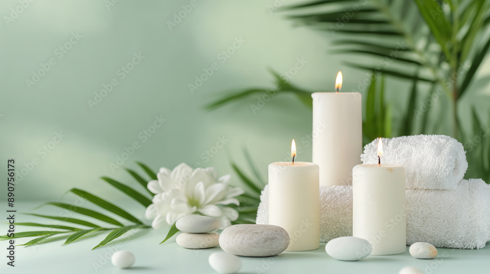 Spa setting with candles, towels, stones, and green leaves in a serene environment.
Spa setting with candles, towels, stones, and green leaves in a serene environment.