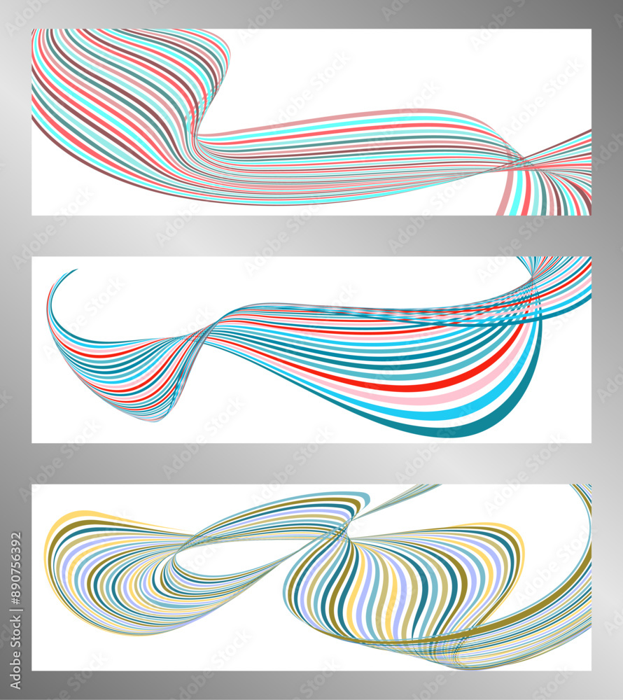 Wavy lines or ribbons. Set of 3 backgrounds. Multicolored striped gradient. Creative unusual background with abstract gradient wave lines to create a trendy banner, poster. vector eps Wavy lines or ribbons. Set of 3 backgrounds. Multicolored striped gradient. Creative unusual background with abstract gradient wave lines to create a trendy banner, poster. vector eps