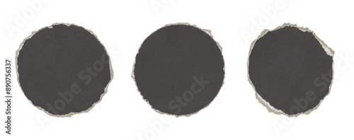 set of torn and ripped paper circles, round shapes with jagged edges from black paper in Y2K retro style, png isolated cardboard pieces on transparent background