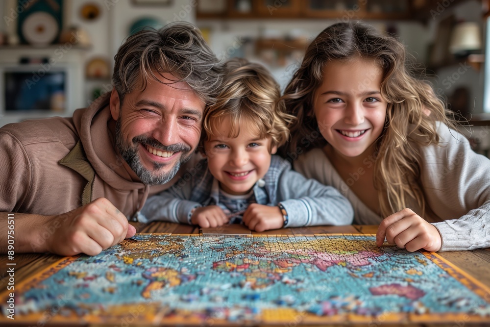 Happy Family Working on a World Map Puzzle at Home Happy Family Working on a World Map Puzzle at Home