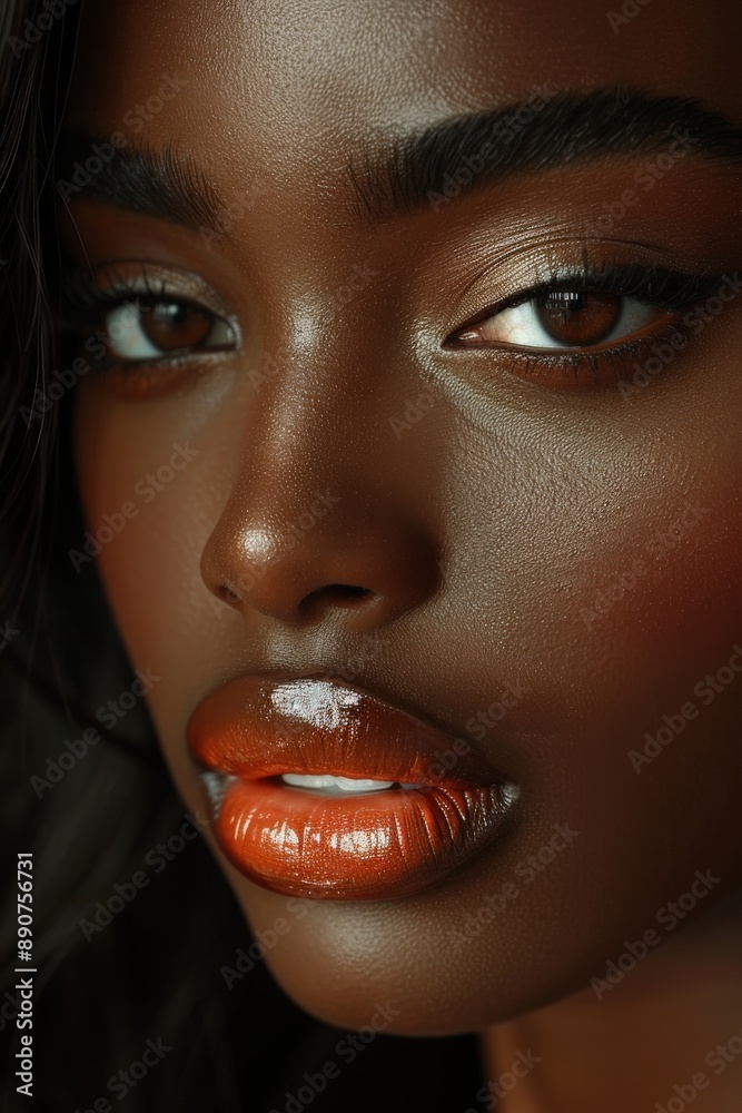 Close-up portrait of a woman with glossy orange lips, highlighting her smooth dark skin and intense gaze with shimmering eye makeupglossy lips Close-up portrait of a woman with glossy orange lips, highlighting her smooth dark skin and intense gaze with shimmering eye makeupglossy lips