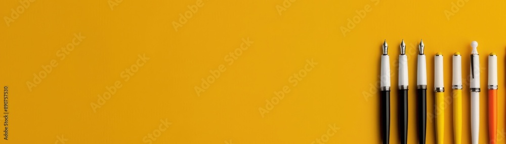 Minimalist arrangement of fountain pens in a row on a vibrant yellow background, perfect for education and office themes. Minimalist arrangement of fountain pens in a row on a vibrant yellow background, perfect for education and office themes.