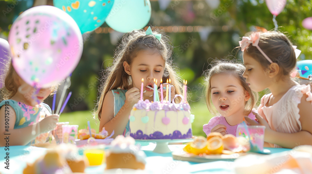 Vibrant summer outdoor kids' birthday party with happy children celebrating in a park, blowing candles on a birthday cake surrounded by lilac pink pastel decorations and delicious food