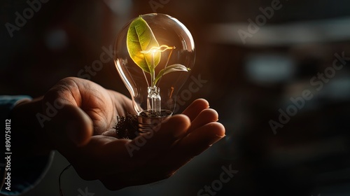 Closeup of a male hand holding a creative ecofriendly lightbulb against a dark background Symbolizing environmental protection renewable energy sources and sustainability with a plant