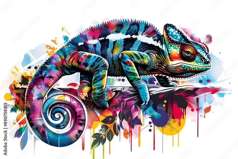 Creative and Colorful Chameleon Blending into a Vibrant Graffiti Wall Suitable for Sticker Design and Apparel Creative and Colorful Chameleon Blending into a Vibrant Graffiti Wall Suitable for Sticker Design and Apparel
