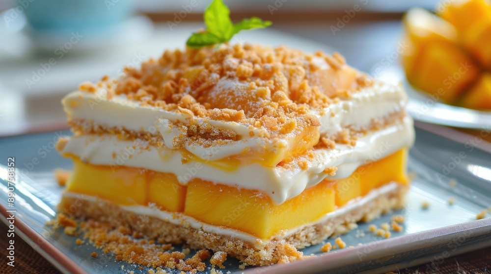 Close-up of a delicious mango float dessert, layers of fresh mango slices, creamy filling, and graham crackers Close-up of a delicious mango float dessert, layers of fresh mango slices, creamy filling, and graham crackers