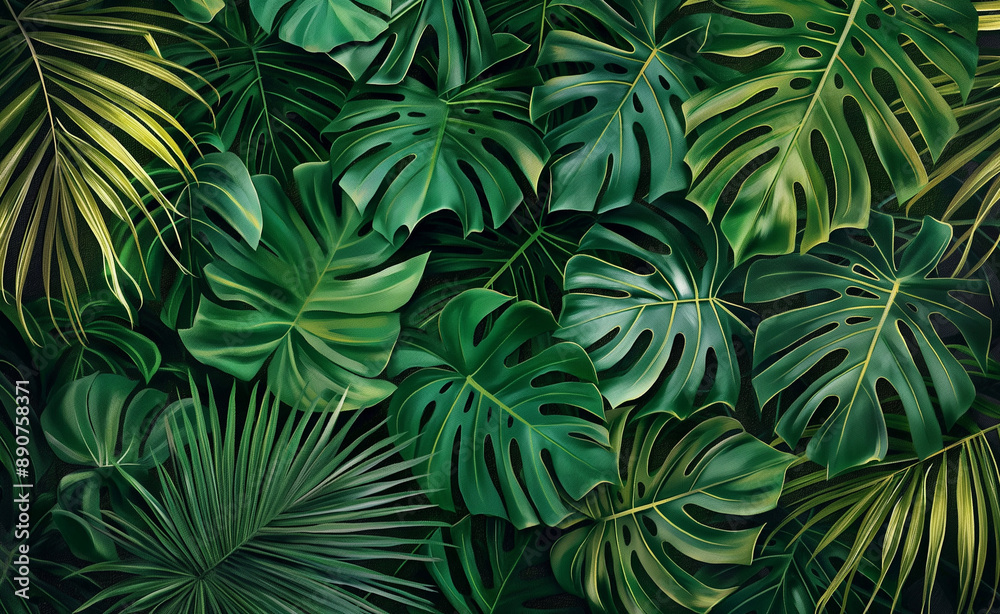 Dense arrangement of tropical green leaves creating a lush jungle background.
Dense arrangement of tropical green leaves creating a lush jungle background.