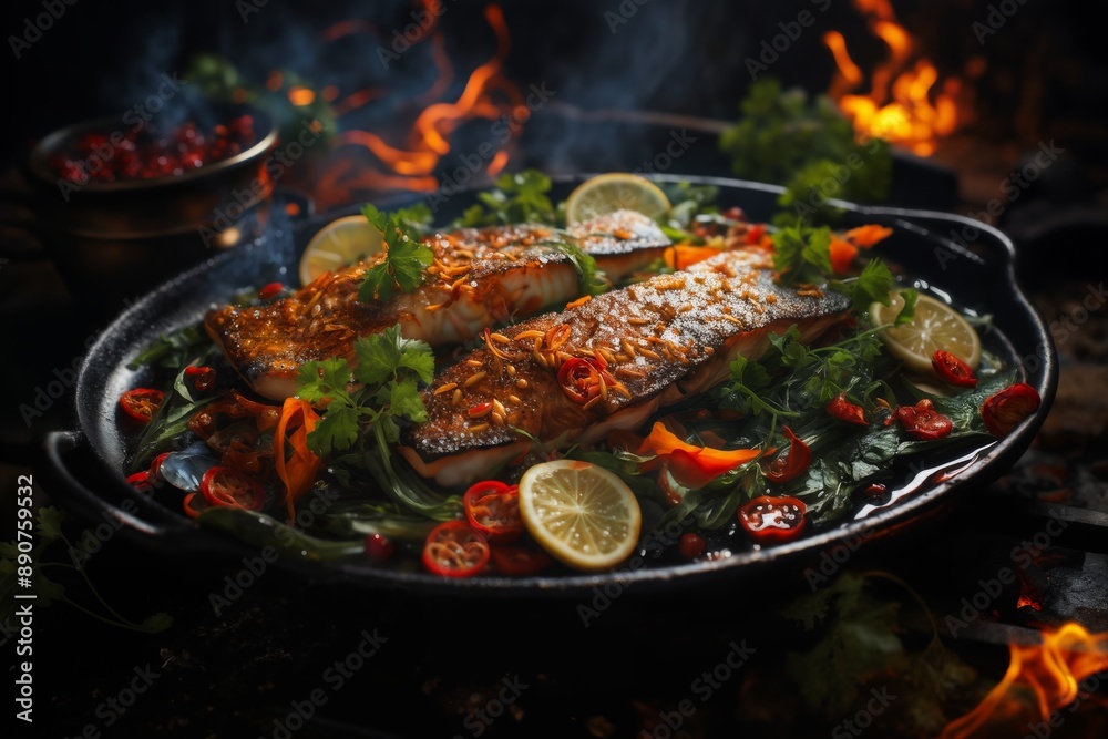 cooking meat with vegetables and herbs on fire, barbecue, flames and smoke, delicious food cooking meat with vegetables and herbs on fire, barbecue, flames and smoke, delicious food