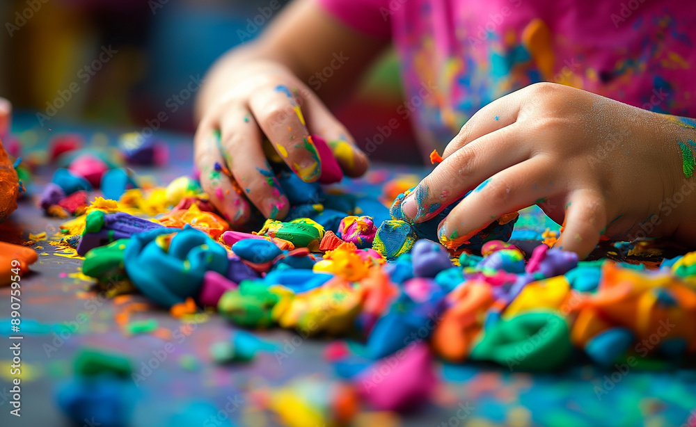 Child's hands playing with colorful modeling clay. Child's hands playing with colorful modeling clay.