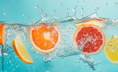 Slices of citrus fruits splashing into water against a blue background. © Curioso.Photography