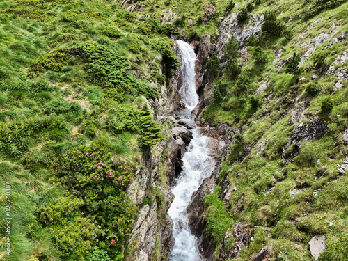 Waterfall in the Pyrenees in France in summer