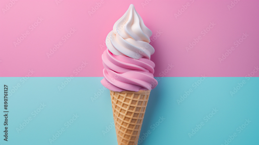 Ice cream cone with pink and white swirls on a pastel background. Ice cream cone with pink and white swirls on a pastel background.