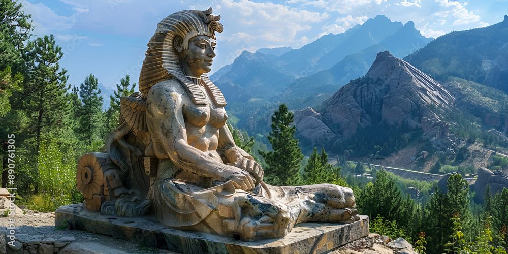Obraz premium A Sphinx-like statue located in the mountains