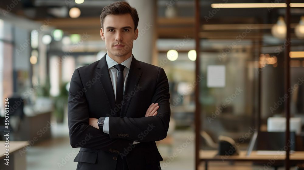 Confident businessman standing with arms crossed in an office. Confident businessman standing with arms crossed in an office.