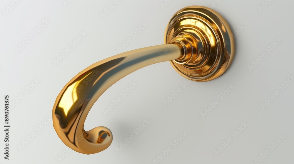 A three-dimensional, golden door handle is rendered on a plain white background. A three-dimensional, golden door handle is rendered on a plain white background.