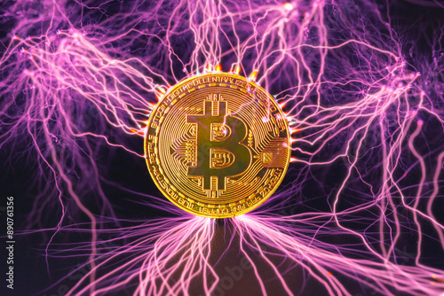 bitcoin gold coin with electric lightning strikes