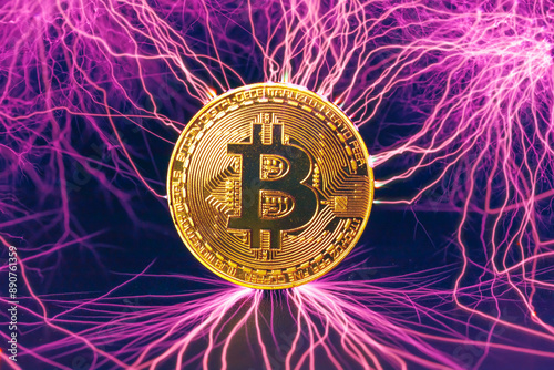 bitcoin gold coin with electric lightning strikes