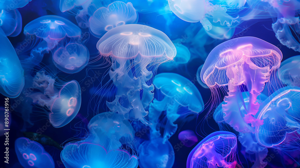 Glowing jellyfish floating in deep ocean waters. Glowing jellyfish floating in deep ocean waters.
