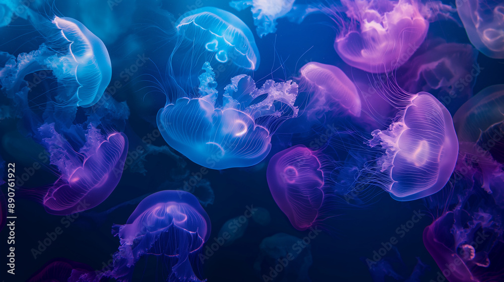 Glowing jellyfish floating in deep ocean waters. Glowing jellyfish floating in deep ocean waters.