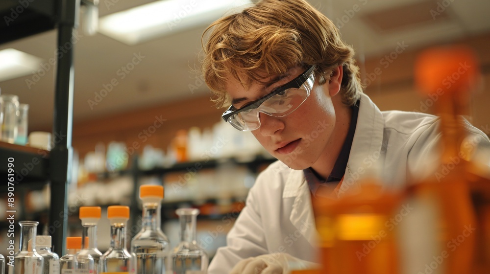 A high school student conducting a chemistry experiment in a well-equipped lab, showcasing hands-on STEM education A high school student conducting a chemistry experiment in a well-equipped lab, showcasing hands-on STEM education