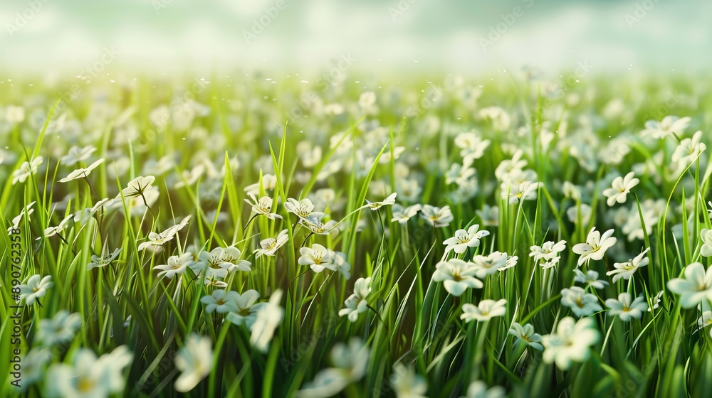 Background illustration of green field of grass with flowers. 3D rendering. Useful for commercial banners and print. Background illustration of green field of grass with flowers. 3D rendering. Useful for commercial banners and print.