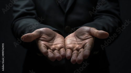 Open hands of a man in a suit reaching out. © Curioso.Photography