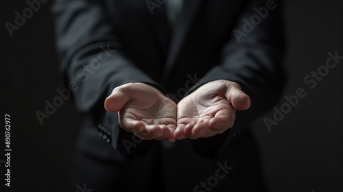 Open hands of a man in a suit reaching out.