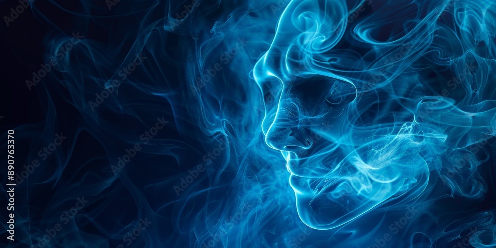 The mysterious face in blue smoke, abstract ghostly shape appearing, eerie, atmospheric, otherworldly presence, spooky, ethereal essence, surreal, halloween background concept The mysterious face in blue smoke, abstract ghostly shape appearing, eerie, atmospheric, otherworldly presence, spooky, ethereal essence, surreal, halloween background concept