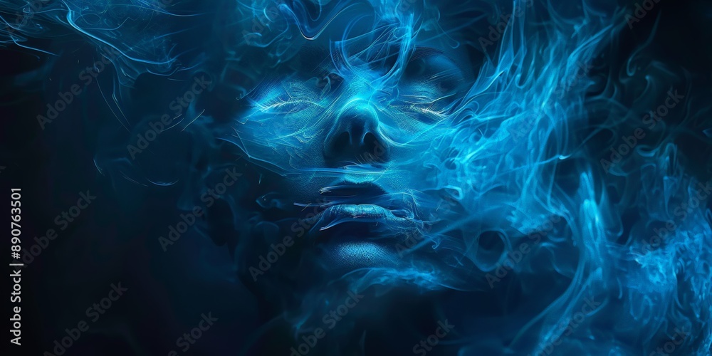 The ethereal blue face in a ghostly mist, mysterious and haunting, perfect for halloween,background concept