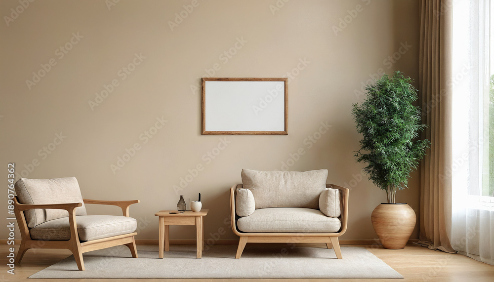 Fototapeta premium cozy comfortable beige colour room with wooden furniture and balnk frame on the wall