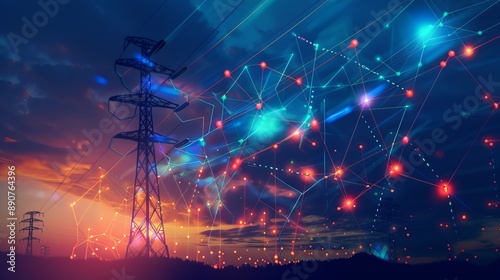 Conceptual representation of electricity distribution transmission and consumption featuring a power line and an ascending graph in a lowpoly style against a sky backdrop