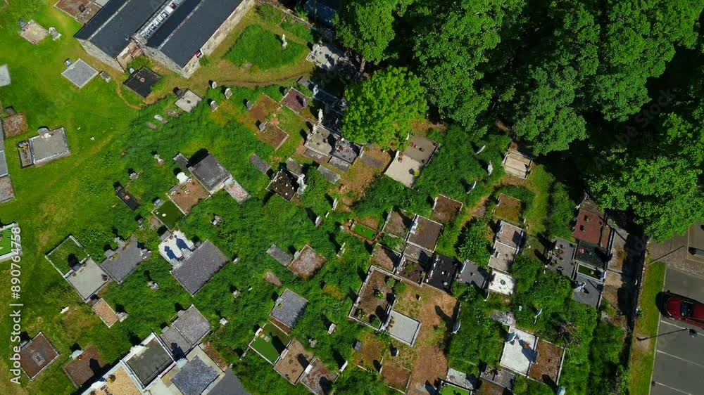 A view of Ireland from the air anda UAV Drone looking at the Famous Drumcliffe Church, Ireland in Sligo where Yeats is buried in his grave