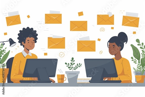 Two People Working On Computers With Email Notifications