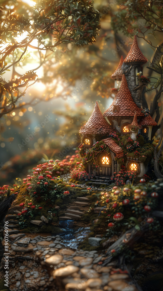 Fototapeta premium Fantasy fairytale castle cottage with lights on. Magical mini castle diorama. Miniature 3D immersive enchanted world.