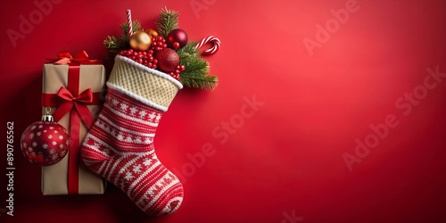 Image of christmas gifts in christmas stocking and copy space on red background