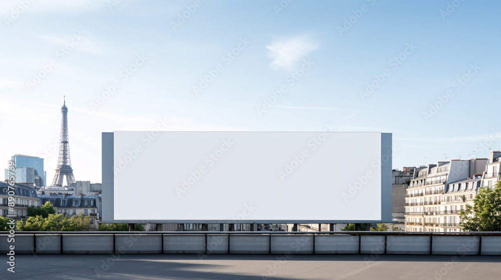 billboard mock-up in Paris with the sight of the Eiffel tower. billboard mock-up in Paris with the sight of the Eiffel tower.