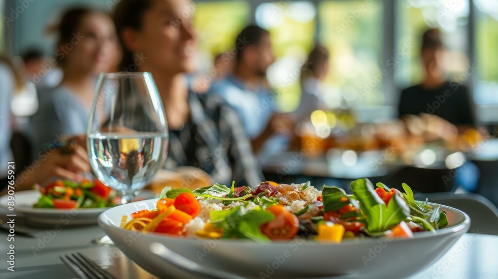 Diverse coworkers enjoying delicious meal during busy lunch break in modern office cafeteria, vibrant salads and pasta, casual outfits, lighthearted atmosphere, teamwork celebration.
