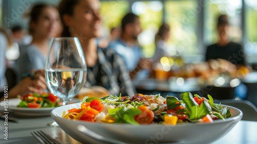 Obraz na płótnie Diverse coworkers enjoying delicious meal during busy lunch break in modern office cafeteria, vibrant salads and pasta, casual outfits, lighthearted atmosphere, teamwork celebration. w salonie