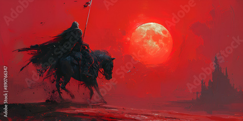 A black rider wielding a 2D spear mounts a unicorn.