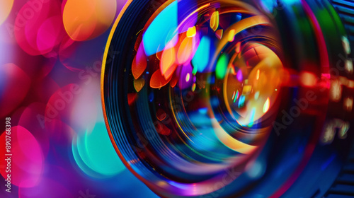 Close up of camera lens, vivid colors, depth of field. Abstract background photo
